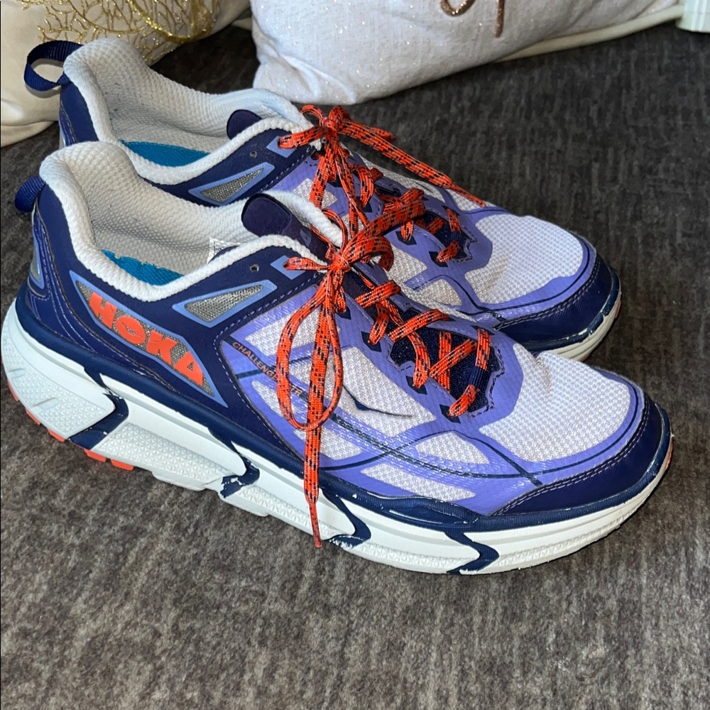 Hoka White and Purple Sneakers with Red Accents